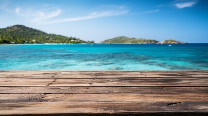 Fototapeta premium Empty wooden table with blurred sea