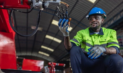 Fototapeta premium Robotic electrician trainee mastering STEM education to enhance efficiency in manipulating, upgrading robotic prototypes, ensuring quality control in manufacturing workshops for innovative automation