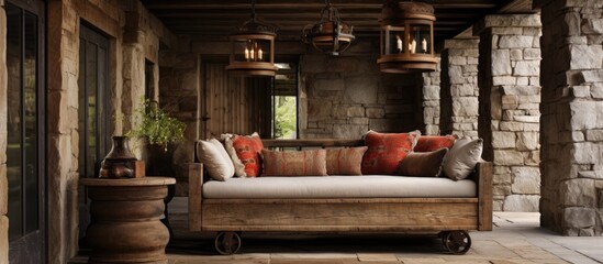 Rustic home featuring daybed, cushioned and chandelier
