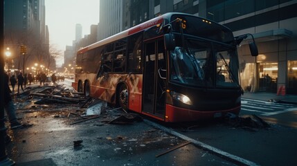 Nightfall Chaos: Bus Crashed on City Street at Sunset, Unveiling the Aftermath of an Accident Scene in the Night.