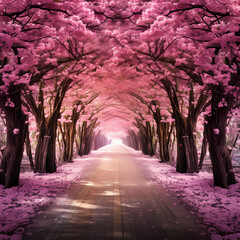 A pathway through a cherry blossom tunnel.