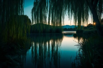 Twilight settling over a serene lake framed by weeping willows
