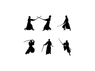 Iaido silhouette vector. Set of iaido silhouette in various poses. Iaido silhouette isolated white background.