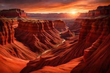 A sunlit canyon with layers of red rock formations stretching into the distance