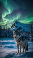 wolf howling at winter night with Aurora on the sky