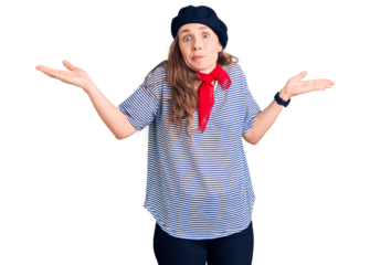 Young beautiful blonde woman wearing french beret and striped t-shirt clueless and confused expression with arms and hands raised. doubt concept.