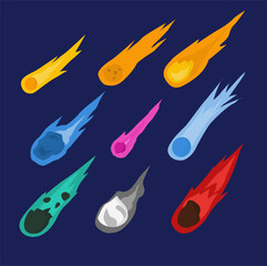 Vector galaxy space solar system icons set spaceship and rocket planets and stars cartoon with meteors flat vector