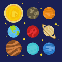 Vector galaxy space solar system icons set spaceship and rocket planets and stars cartoon with meteors flat vector