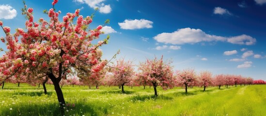 Blooming apple orchard, red apples on trees, under blue sky - obrazy, fototapety, plakaty