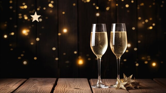 champagne glasses with stars on glitter bokeh background