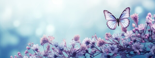 Fluttering purple butterfly on blue background with violet wildflowers and bokeh lights. Floral...