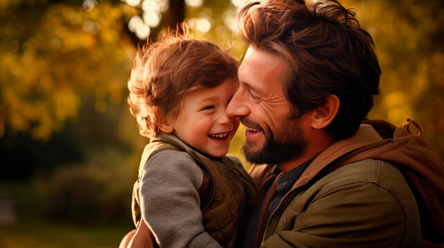 Joyful Fatherhood: A Happy Father Bonds with His Boy Child, Sharing Kisses and Hugs Amidst Nature's Beauty, Capturing the Essence of Paternity and Parenthood.

