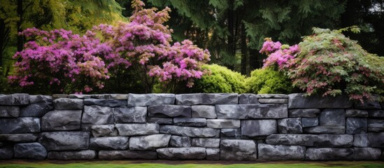 A landscaped garden in Vancouver, British Columbia, Canada, with a stone retaining wall.