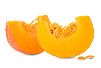Pieces of fresh pumpkin and seeds on white background