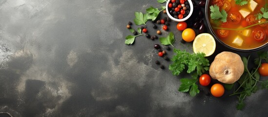 Traditional vegetable soup with ingredients, viewed from above on a light stone table. - obrazy, fototapety, plakaty