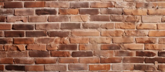 Brown brick wall with wide panoramic view, rough textured art banner with text space.