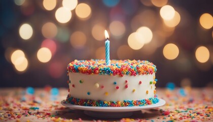 Birthday cake with lit candle on bokeh lights background.