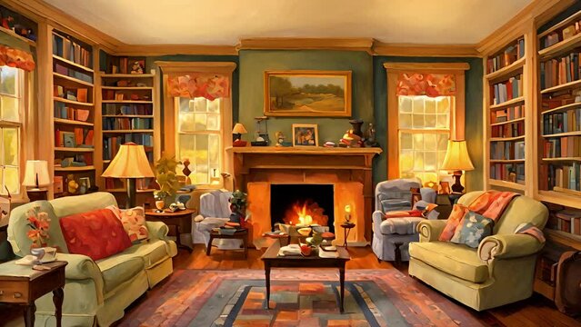 evening falls warm glow setting filters through tall windows, March family gathers parlor, nestled around crackling fireplace. room filled with comfortable furniture, 2d animation