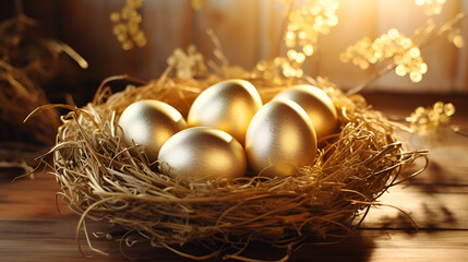 Radiant Resurrection: Golden Eggs Rejoice.Nestled in Joy.Beautiful Easter Egg Delight.AI Generative 