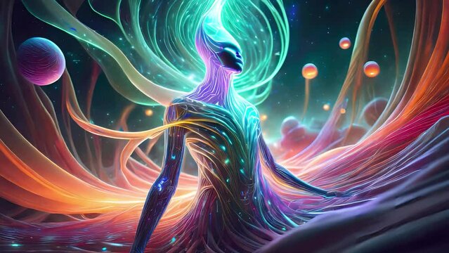 Alien being on surreal planet with flowing energy colors. Interdimensional being. Extraterrestrial entity, alien landscape. Astral entity on astral plane.  2d hand animation of AI image.