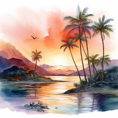 paradise seascape caribbean resort tropic palm shore watercolor wave sunrise dusk horizon 