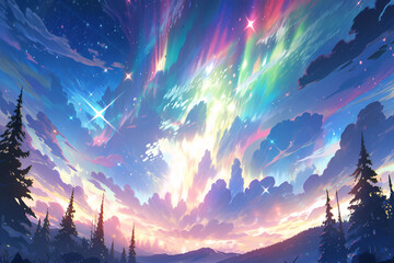 Fantasy aurora illustration, beautiful cartoon small fresh romantic night sky illustration background - obrazy, fototapety, plakaty
