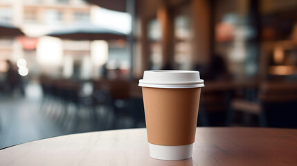 Take out coffee cup mockup on a blurred background. Paper cup for coffee to go on wooden surface close up. - obrazy, fototapety, plakaty