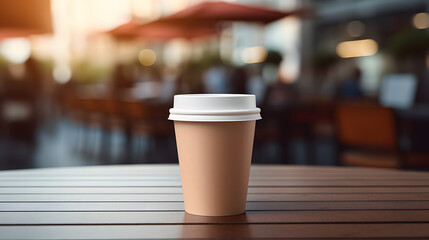 Brown paper cup for hot coffee, tea, drinks with white lid on a blurred background