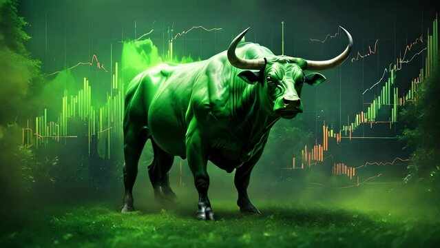 Against a backdrop of flourishing green bullish charts, a bullish bull stands strong, representing a currently successful market. .