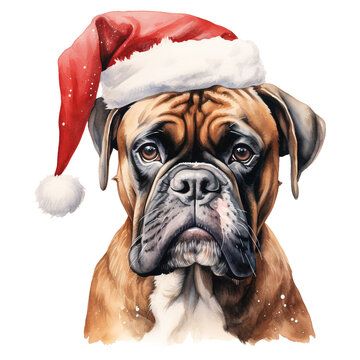 Boxer Dog Wearing a Santa Hat. AI generated image