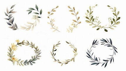 Set of floral watercolor logo elements. Wreath borders dividers, frame corners and minimalist flowers branch. Hand drawn line wedding herb, elegant leaves for invitation save the date card. Botanical.