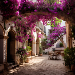 A peaceful courtyard with blooming bougainvillea.