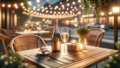 image of an outdoor cafe terrace with a Valentine's Day theme