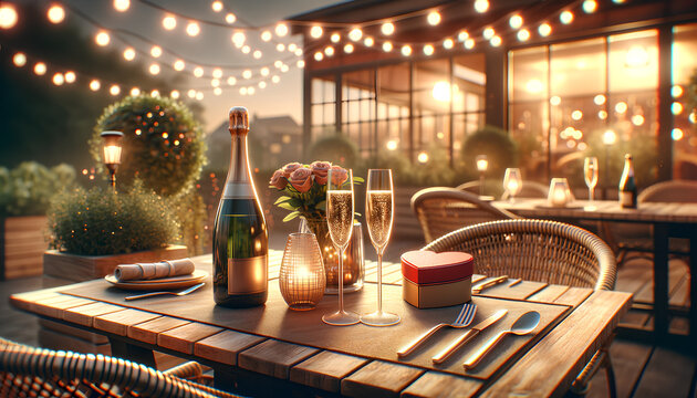 image of an outdoor cafe terrace with a Valentine's Day theme
