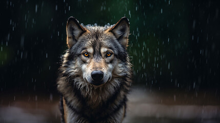 雨に濡れながらカメラ目線の一匹狼の上半身の写真、コピースペース有り - obrazy, fototapety, plakaty
