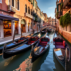 A row of traditional gondolas on a Venetian canal - obrazy, fototapety, plakaty