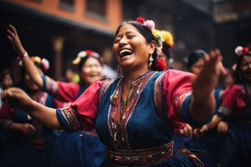 Obraz premium Sunset Rhythms in Quito: Cultural Heritage as Happy Women, Adorned in Local Costume, Gracefully Perform Traditional Dance at Sunset in Ecuador