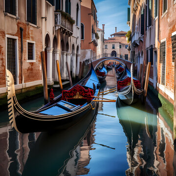 A row of traditional gondolas on a Venetian canal