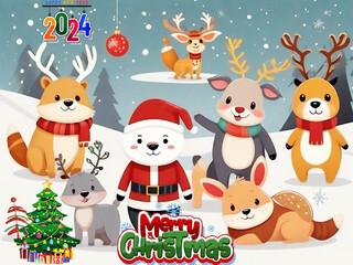 christmas festival In a cute cartoon style, including Santa Claus and various animals.