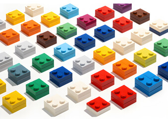 lego bricks print set, in the style of isometric, saturated color field, toyen, murals and wall drawings, white background, canvas texture emphasis