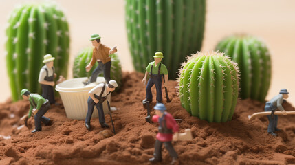 miniature scenery miniature people working around cactus