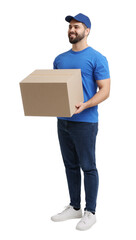 Happy courier with parcel on white background