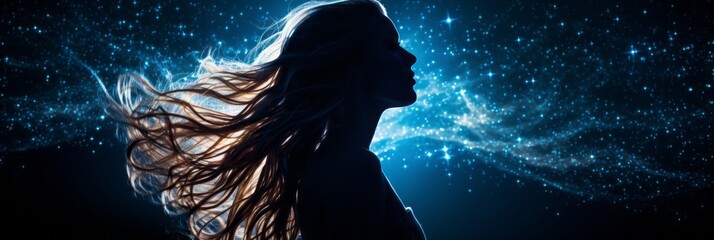 Silhouette of young woman with stars on background