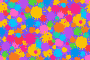 Splash paint splatter colorful cartoon seamless pattern. Stain, splat repeat ornament, liquids drop splatter boundless print. Colored splashes ink drops for wallpaper background textile decor vector