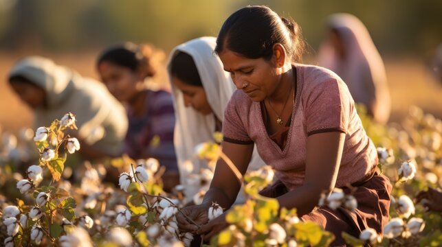 Sustainable Harvest: A Glimpse into Indian Women's Contribution to Cotton Farming - A Traditional Scene of Hardworking Women Cultivating Crops in the Rural Farmlands.

