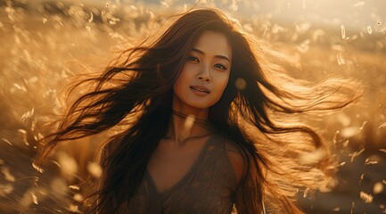 Asian woman with flowing hair amidst golden field at sunset.