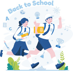 Students go to school by school bus and greet each other. Back to school concept illustration