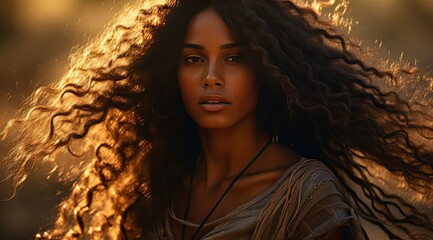 A young Black woman with sunlit hair in a golden field at dusk.