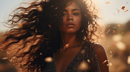 A young Black woman with sunlit hair in a golden field at dusk. - obrazy, fototapety, plakaty