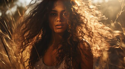 A young Black woman with sunlit hair in a golden field at dusk.